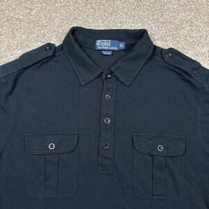 Polo Ralph Lauren Mens XL Black Military Safari Polo Shirt Epaulettes Cotton